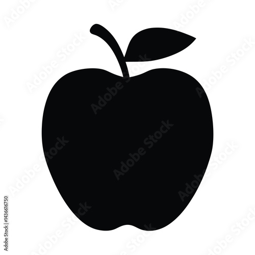 Black Apple Silhouette with Stem and Leaf Representing Fruit and Nutrition