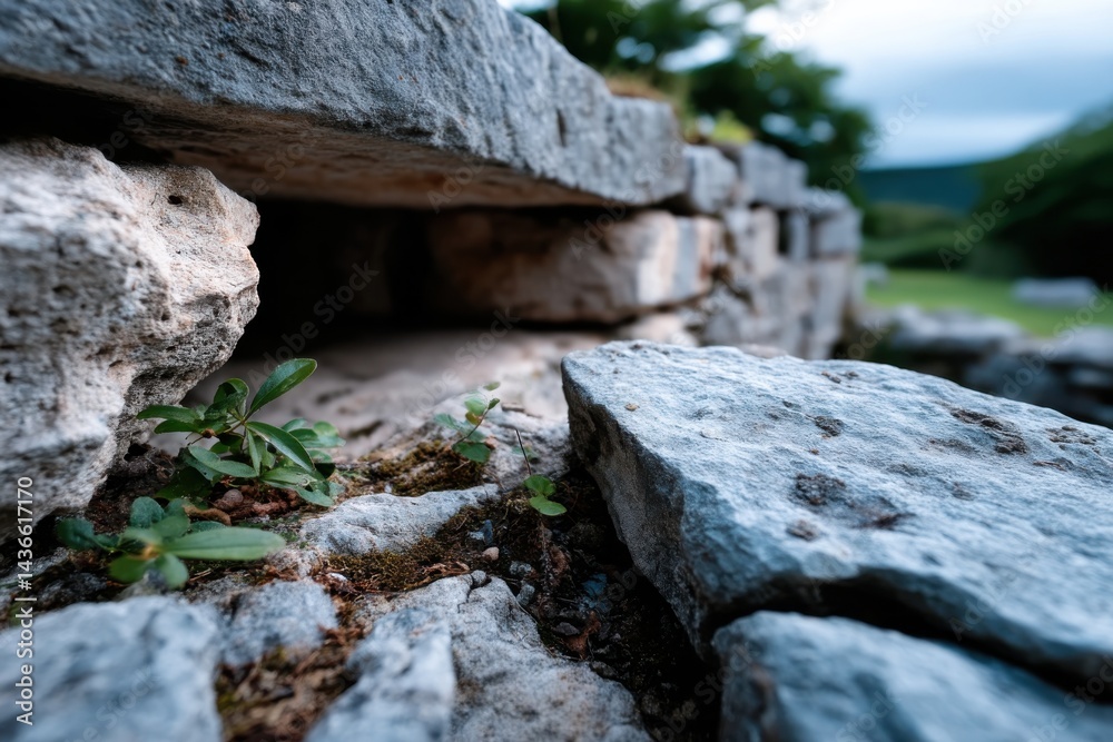 Fototapeta premium A close-up view of ancient stonework, showcasing intricate details contrasted with vibrant foliage, symbolizing the passage of time and nature's resilience.