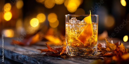 Fototapeta Naklejka Na Ścianę i Meble -  Amber liquid in a rocks glass with ice and orange peel, sits on a rustic wooden surface surrounded by autumn leaves, illuminated by warm bokeh lights, suggesting a cozy autumnal atmosphere