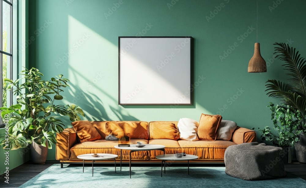 Green background, square frame, white canvas.