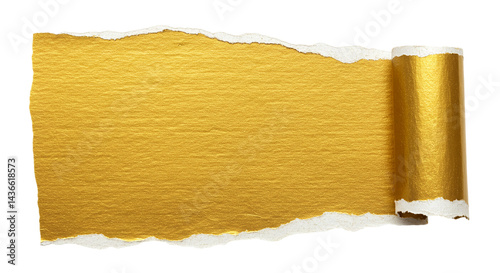 A torn piece of white paper revealing a layer of shiny gold underneath with a rolled edge on the right