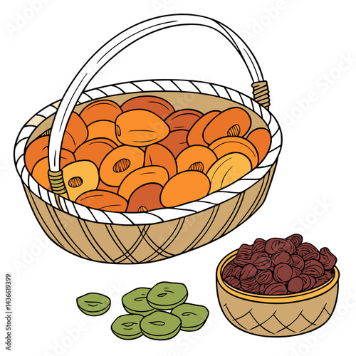Dried Apricots and Raisins in a Basket and Bowl Illustration

