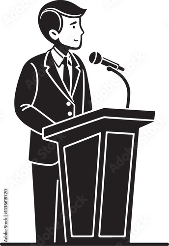 Politician Speaking Speaker Speech at Podium, Black and White Vector Illustration, Sketch Drawing Line Linear Symbol Icon Engraving, Hand-drawn Isolated
