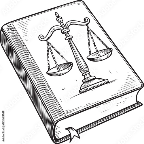 Law Book of Laws, Court and Justice, Black and White Vector Illustration, Sketch Drawing Line Linear Symbol Icon Engraving, Hand-drawn Isolated