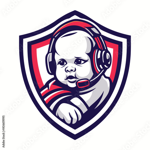 Cute baby wearing headphones and headset