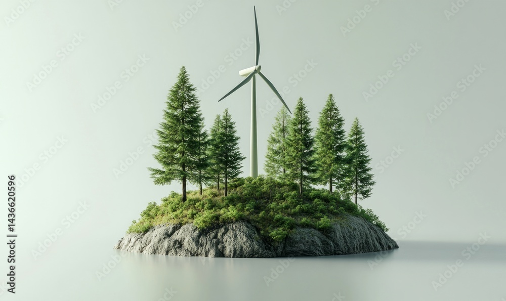 Realistic 3D turbine on grey island.