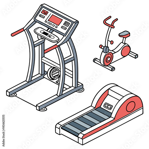 Gym equipment vector illustration treadmill elliptical bike

