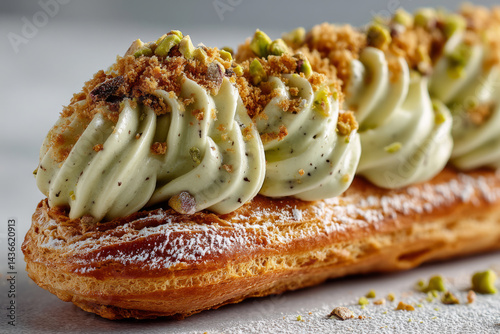Pistachio eclair with whipped cream and chopped nuts