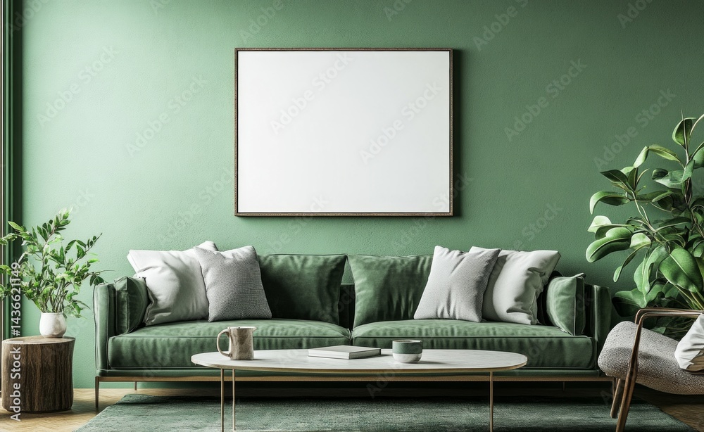 Square frame mockup, green living room.