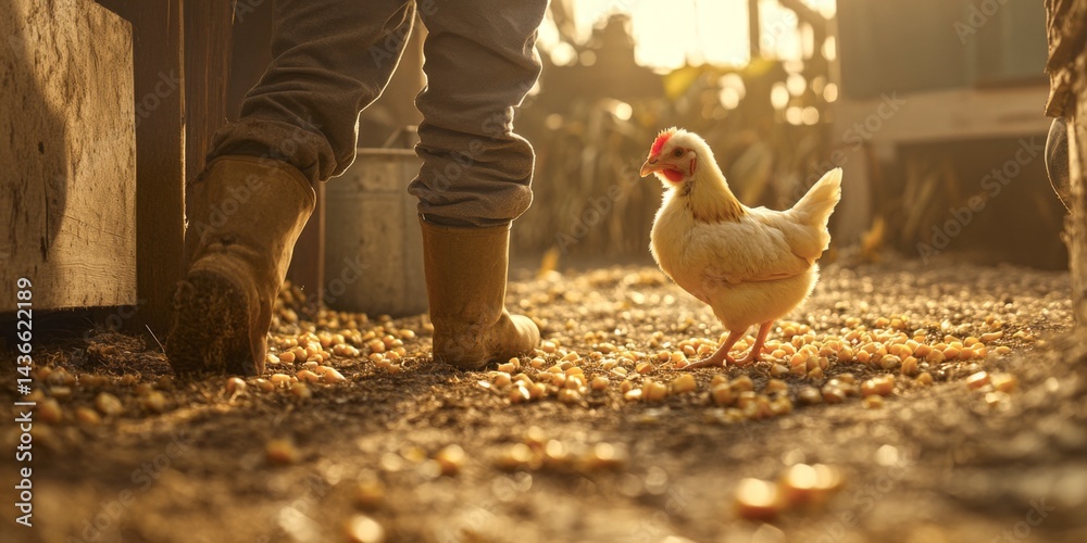 A farmer walks through a sunny farm. A white chicken follows closely. The soft light adds warmth to the scene. This image captures rural life beautifully. Ideal for farming or nature themes. AI