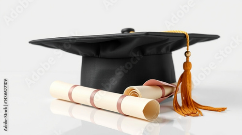 Graduation cap and diploma rolls symbolizing academic achievement and educational success on white surface created with generated ai