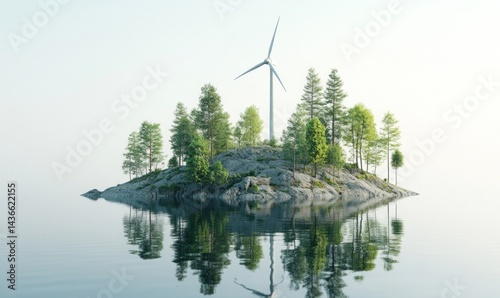 Obraz na płótnie Wind turbine, green trees, island, grey. w salonie