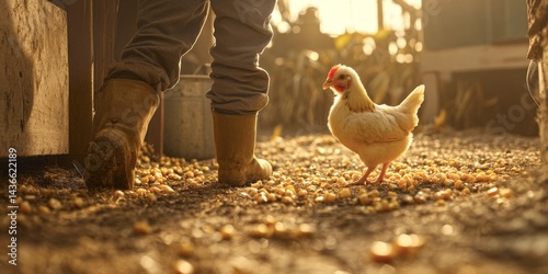 Obraz na płótnie A farmer walks through a sunny farm. A white chicken follows closely. The soft light adds warmth to the scene. This image captures rural life beautifully. Ideal for farming or nature themes. AI w salonie