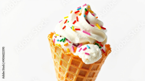 Close up view of a waffle cone filled with soft serve ice cream and colorful sprinkles on a white background created with generated ai