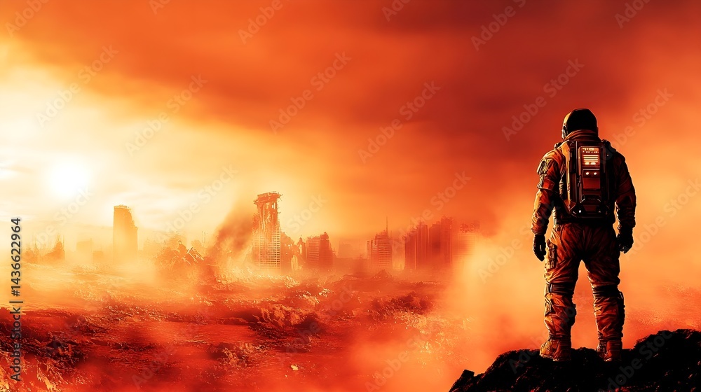 Fototapeta premium Sci-Fi Character Standing on Edge of a Dystopian Landscape
