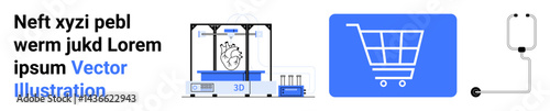3D printer creating a model, digital shopping cart, healthcare equipment. Ideal for design innovation, e-commerce, technology, science, healthcare, futurism simple landing page