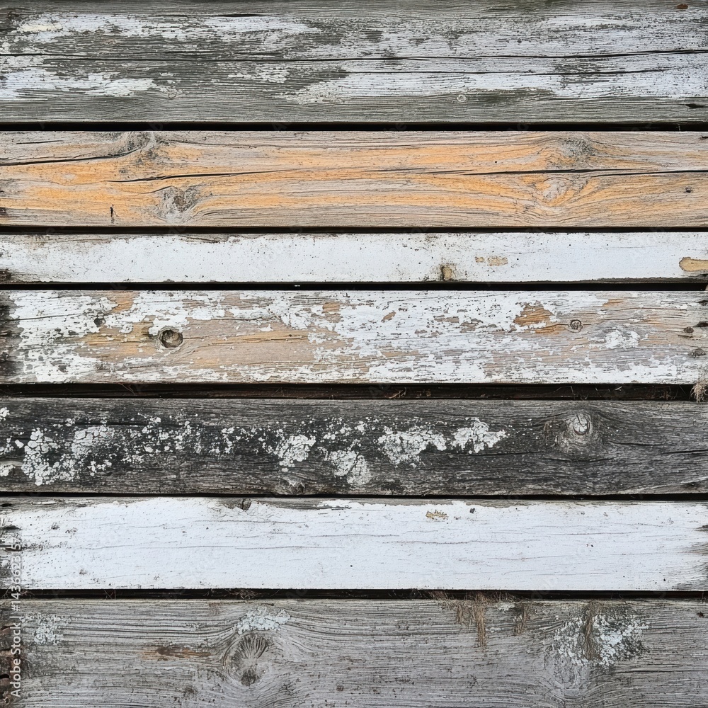 Fototapeta premium Top view of old rustic wooden planks with weathered texture, cracks, grain detail, faded paint remnants, vintage countryside feel, aged and realistic look, high detail