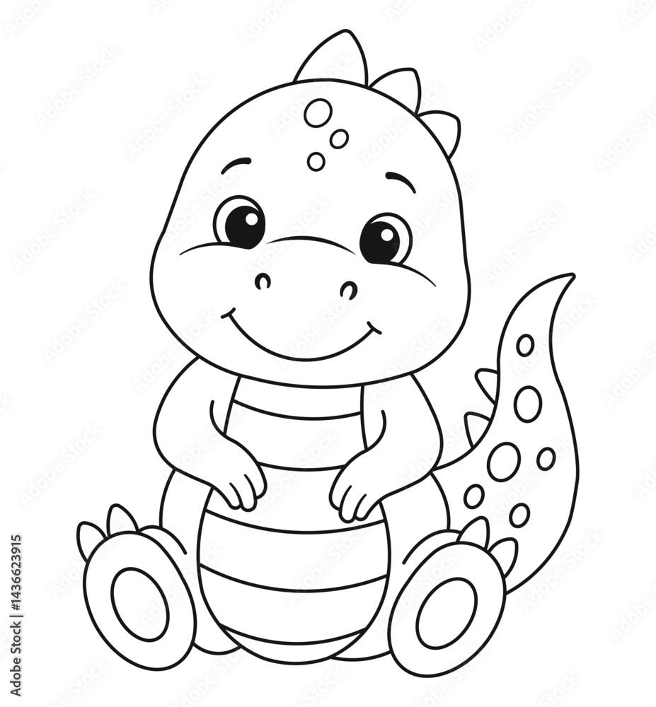 Fototapeta premium Cute little dinosaur for kid coloring book. Children puzzle game. Baby tyrannosaurus. Black and white cartoon vector illustration on white background.