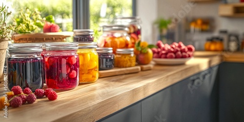 Colorful jars filled with fruits are neatly arranged on a wooden kitchen counter. The image captures a cozy and inviting atmosphere. Perfect for recipes and culinary inspiration. AI
