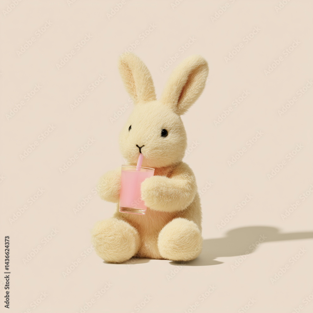 Obraz premium Plush Rabbit with Pink Beverage