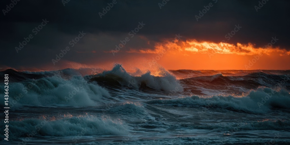 Fototapeta premium Dramatic Sunset Over Powerful Ocean Waves