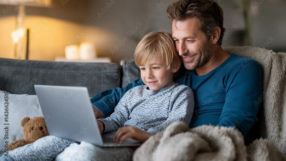 A joyful single dad and son bonding over a laptop at home A joyful single dad and son bonding over a laptop at home