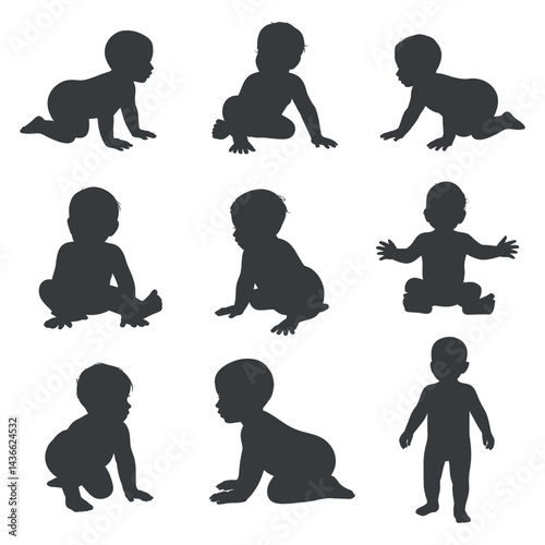Baby Milestone Silhouette Collection Development Stages From Crawling To Standing With First Steps Child Growth Vector