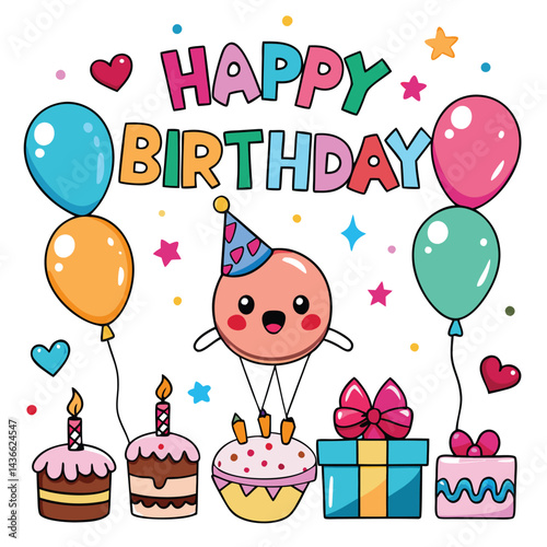 Happy Birthday Illustration with Balloons, Cakes, and Gifts