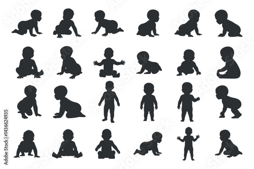 Diverse Baby Silhouette Set Showing Crawling Sitting And Standing On White Background Ideal For Design Projects