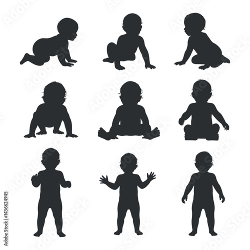 Baby Development Stages Silhouette Set Infant Growth Milestones From Crawling To Standing In Simple Dark Graphic On White
