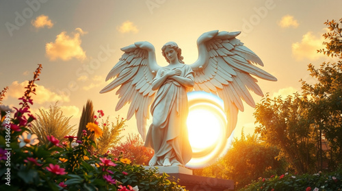 Statue of an angel with large wings surrounded by flowers in a garden at sunset with a bright light created with generated ai