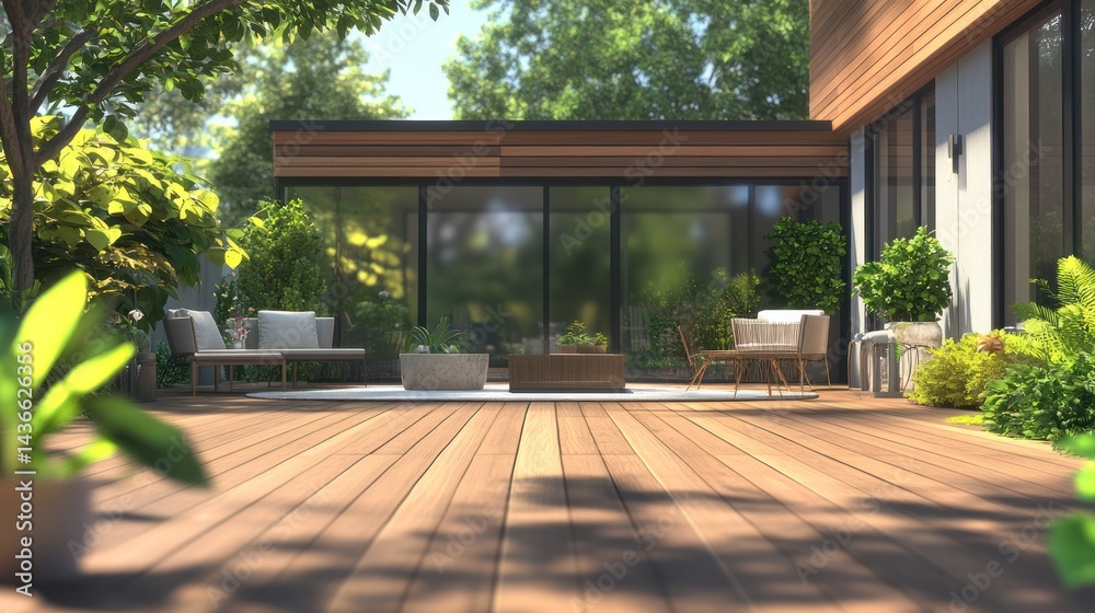 Fototapeta premium Modern patio design, sunny backyard, lush greenery, relaxing outdoor space, home design inspiration