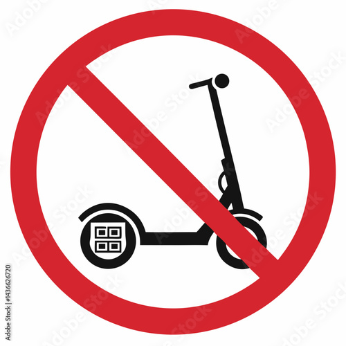 No scooters allowed sign with electric scooter icon inside red circle on white background