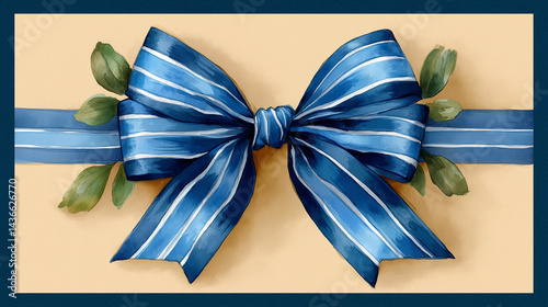 Elegant blue striped ribbon bow with green leaves on a beige background for decorative use