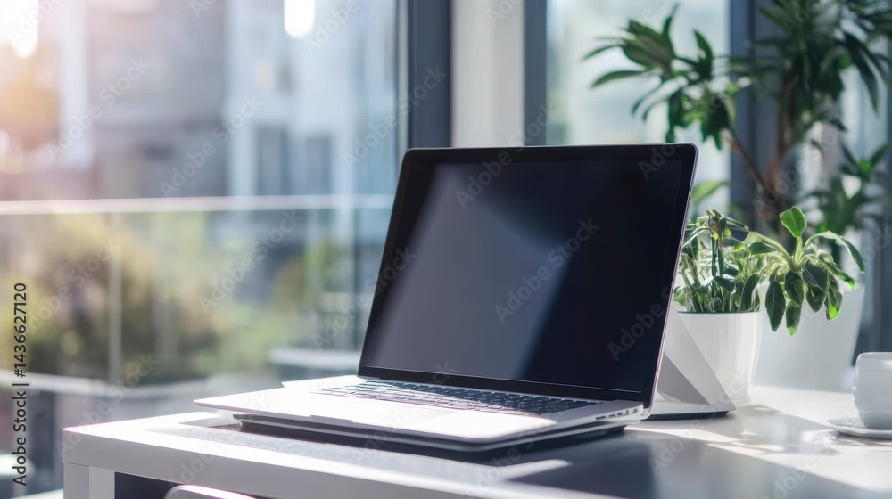 Laptop computer on a desk near a window with plants, sunlight, and city view. Laptop computer on a desk near a window with plants, sunlight, and city view.