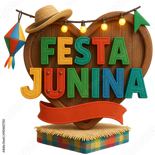 Selo 3D Festa Junina com Bandeirinhas, Balão e Chapéu Nordestino