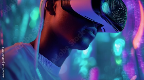 Close-up of a person wearing a VR headset immersed in a vibrant neon-lit virtual environment, symbolizing futuristic digital experiences and immersive technology