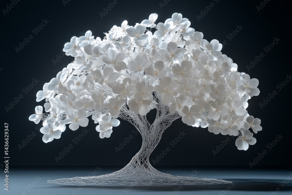 Wire and glass white tree, flowers.