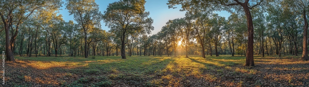Fototapeta premium Sunlight streams through a tranquil forest.