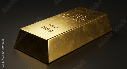 Close up shot of a shiny gold bar with fine gold inscription on a dark reflective surface