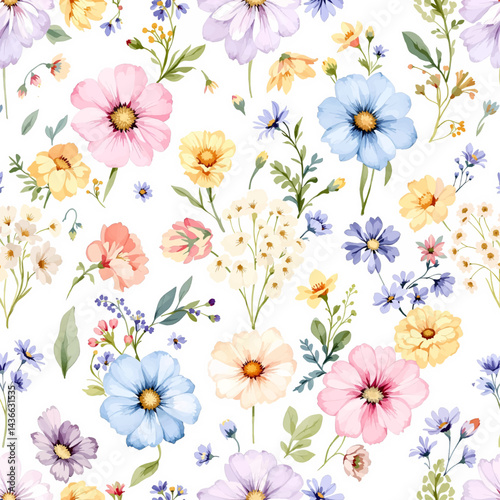 Watercolor floral seamless pattern with colorful flowers , leaves and branches