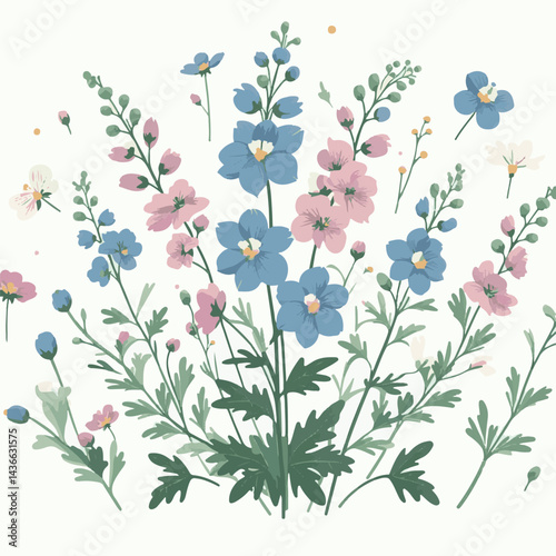 larkspur, flower, blossom, plant, floral, botanical, nature, isolated, illustration, drawing, hand drawn, marigold, graphic, garden, daffodil, vector, rose, art, design, set, summer, background, daisy