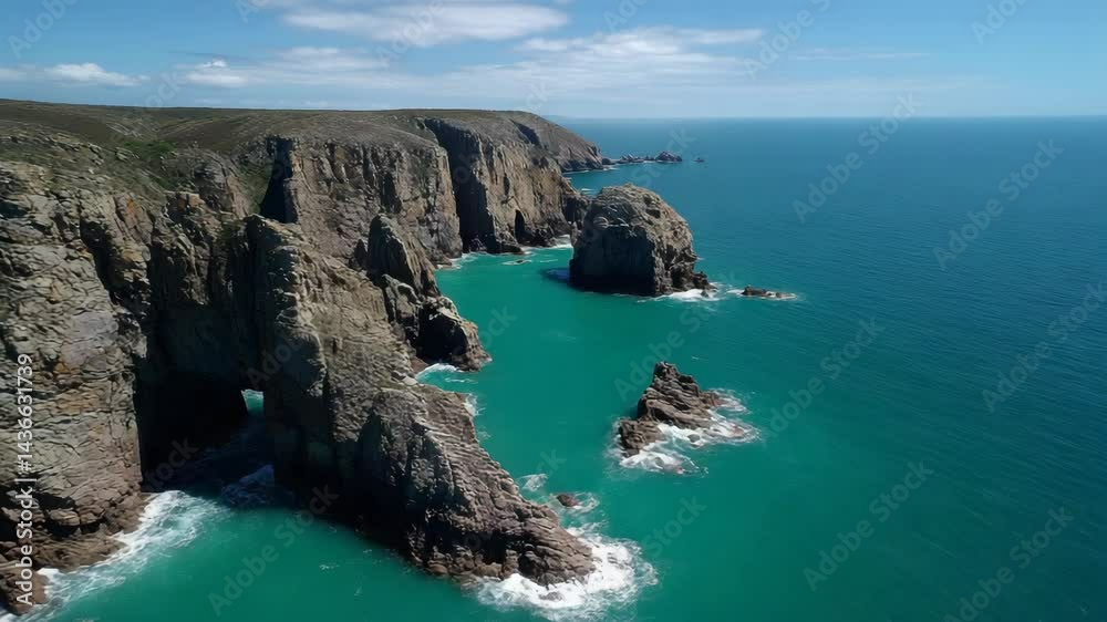 Coastal cliffs meet turquoise waters, rugged rocks and sea stacks create a dramatic seascape, aerial view. Coastal cliffs meet turquoise waters, rugged rocks and sea stacks create a dramatic seascape, aerial view.