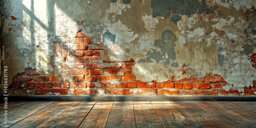 An artistic view of a worn wall with peeling paint and exposed bricks. Natural light creates a dramatic effect on the surface. Perfect for interior design and vintage decor. AI