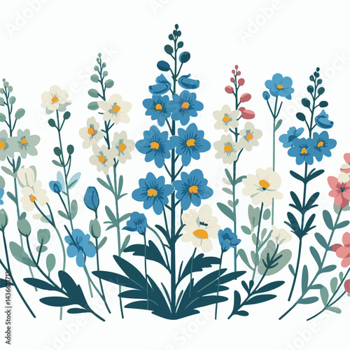 larkspur, flower, blossom, plant, floral, botanical, nature, isolated, illustration, drawing, hand drawn, marigold, graphic, garden, daffodil, vector, rose, art, design, set, summer, background, daisy