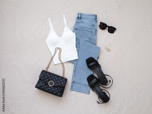 Blue jeans, white top, black heeled sandals, bag with chain strap, sunglasses on beige background. Women's stylish spring summer outfit. Trendy clothes. Flat lay, top view.