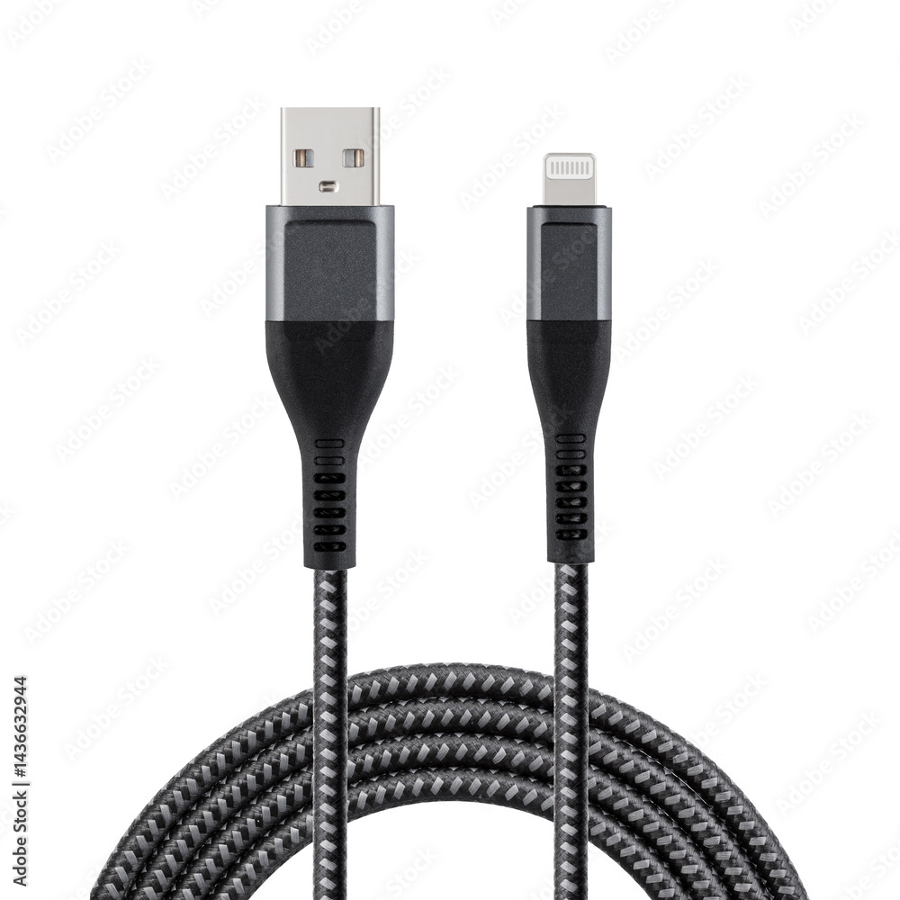 Black cable for charging and synchronization with USB and Micro USB connectors on a white isolated background close-up