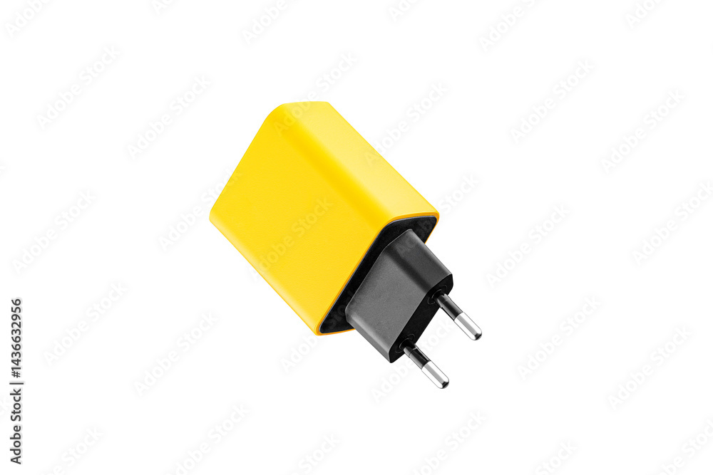 adapter for charger with USB and Type C connector, yellow, on isolated or white background close-up