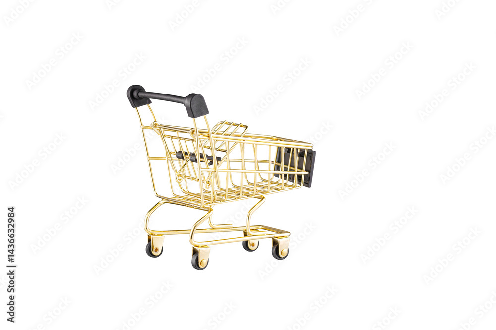 shopping trolley side view gold, yellow and black color cart on isolated white background close up
