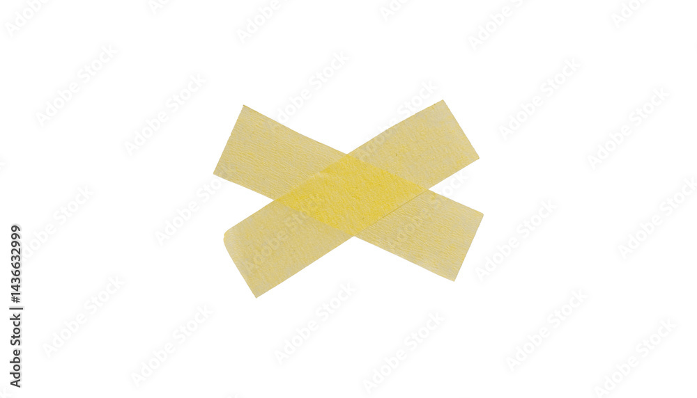 Yellow painter's tape isolated on white background, macro. Torn, crumpled, twisted strips of yellow painter's tape on white background, close-up.